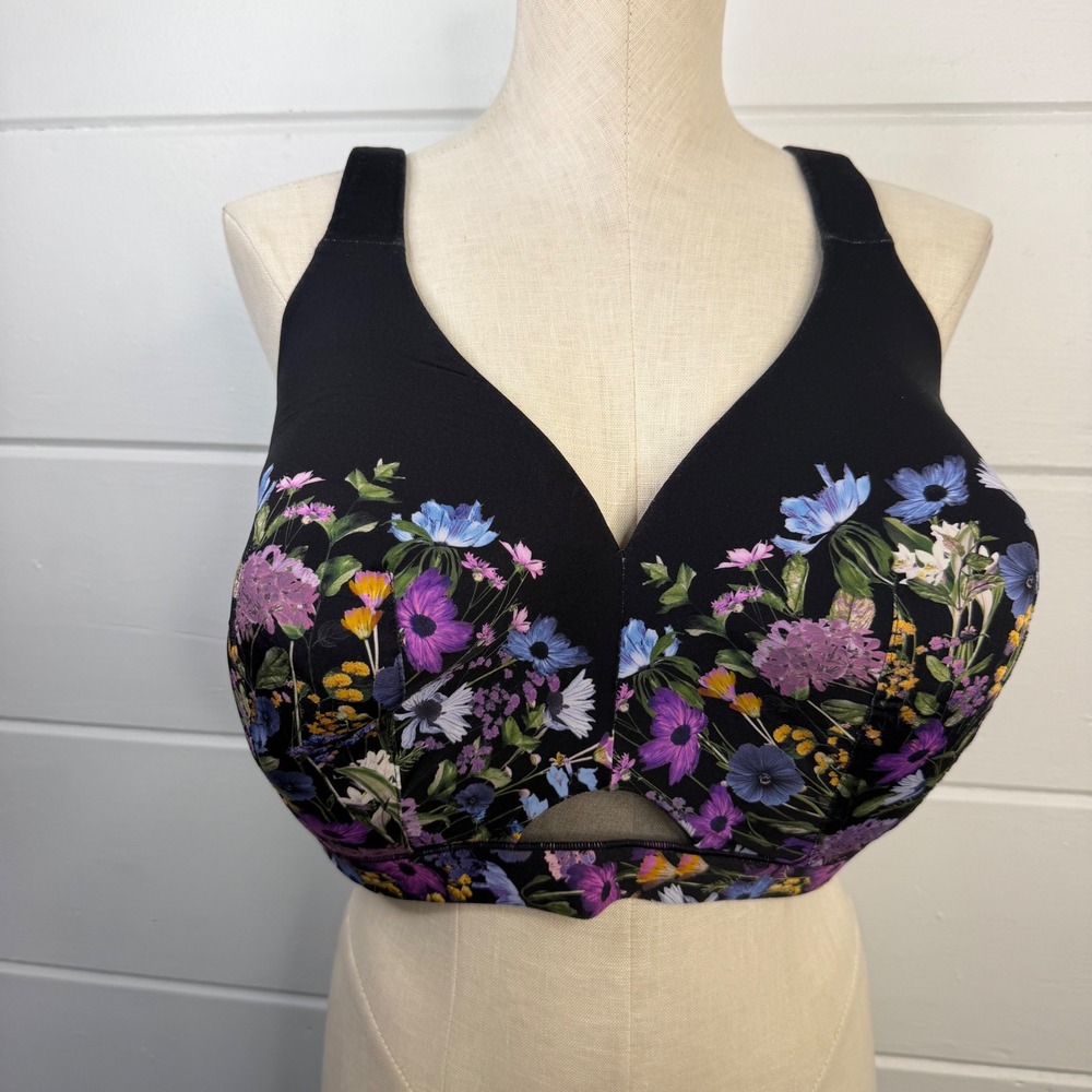 Cacique 48DDD Lane Bryant Wireless Full Coverage Floral Bra Black Purple Blue
